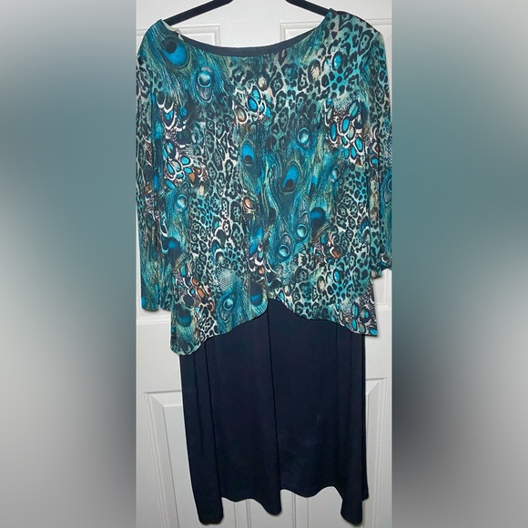 Connected Apparel Black Peacock‎ Layered Stretch Pull On Longsleeve Dress 14 W - Picture 1 of 3